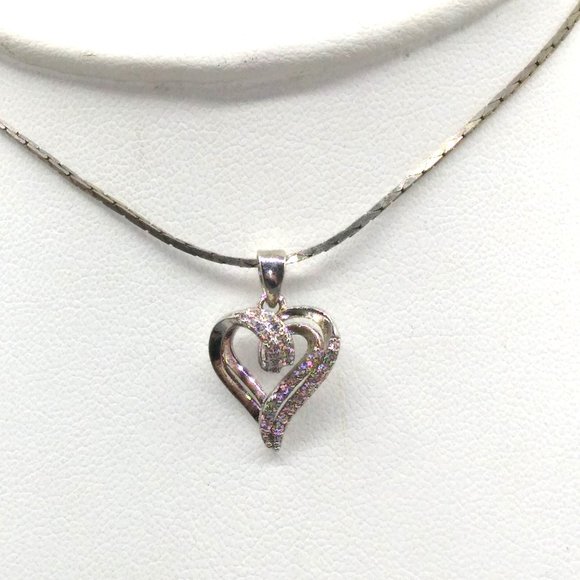 Vintage Pave CZ Heart Pendant with Double Scroll Elegant Design on Silver Tone - Picture 3 of 6